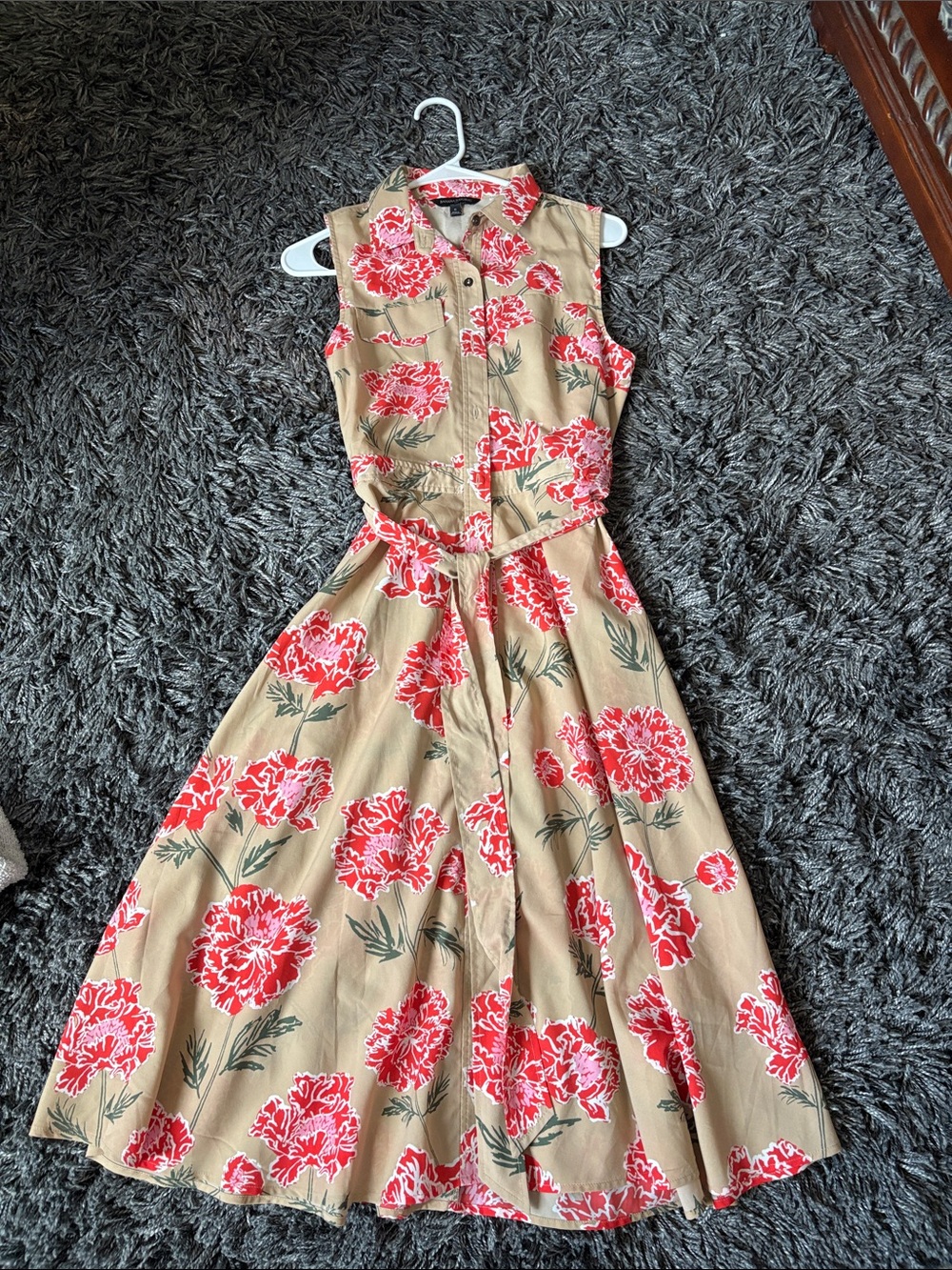 Sleeveless Tan Floral Shirt Dress with Red Orange Flowers